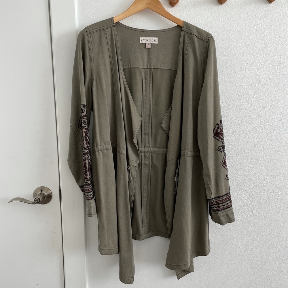Knox Rose Open Front Embroidered Long Sleeve Jacket
